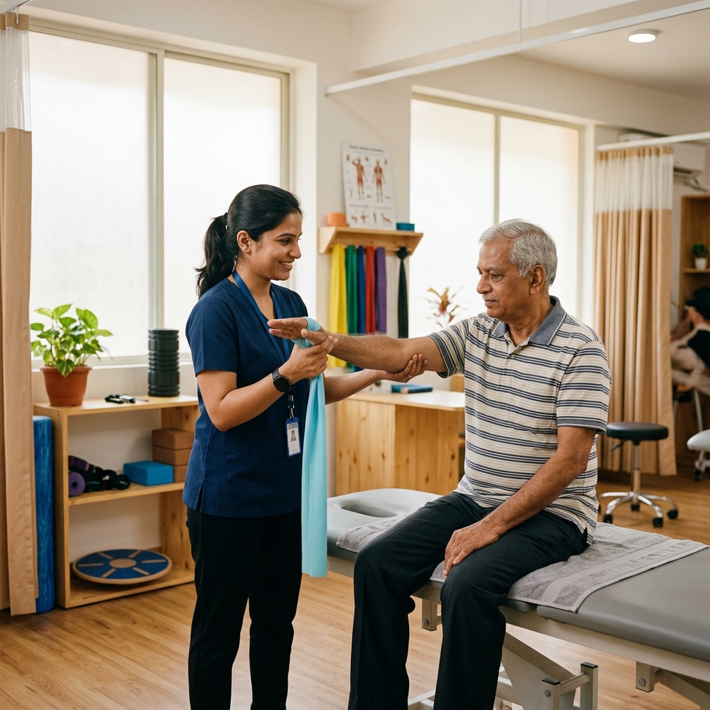 Dr. Harika Patnala helping a patient with guided rehabilitation exercises at Sairam Physio Care
